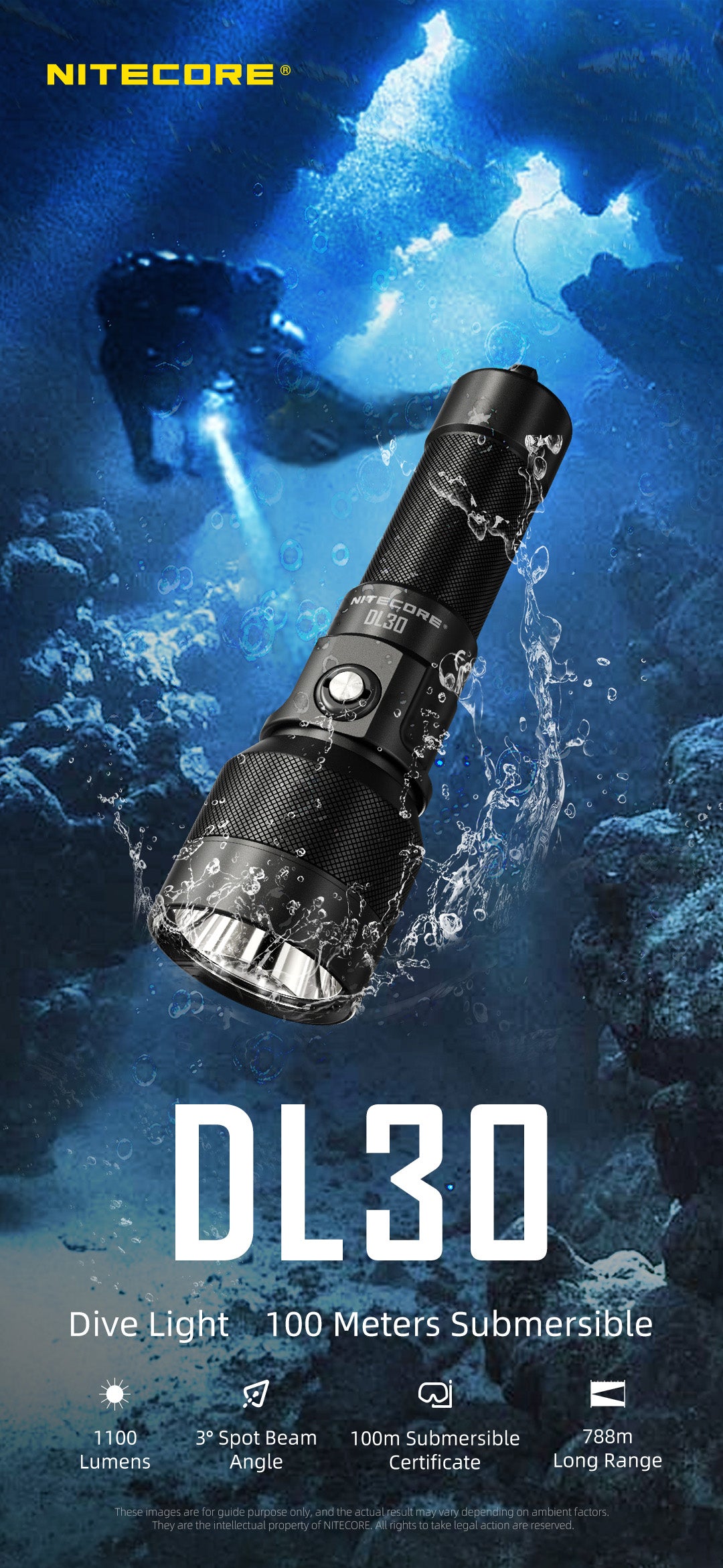 NITECORE DL30 Dive Flashlight 100 Meters Submersible 788m Long Range Spotlight