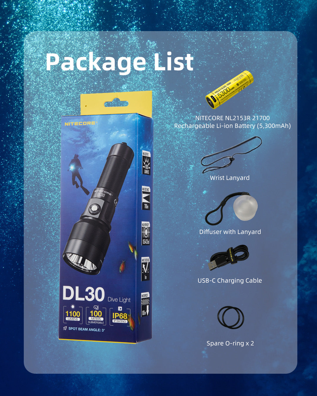 NITECORE DL30 Dive Flashlight 100 Meters Submersible 788m Long Range Spotlight