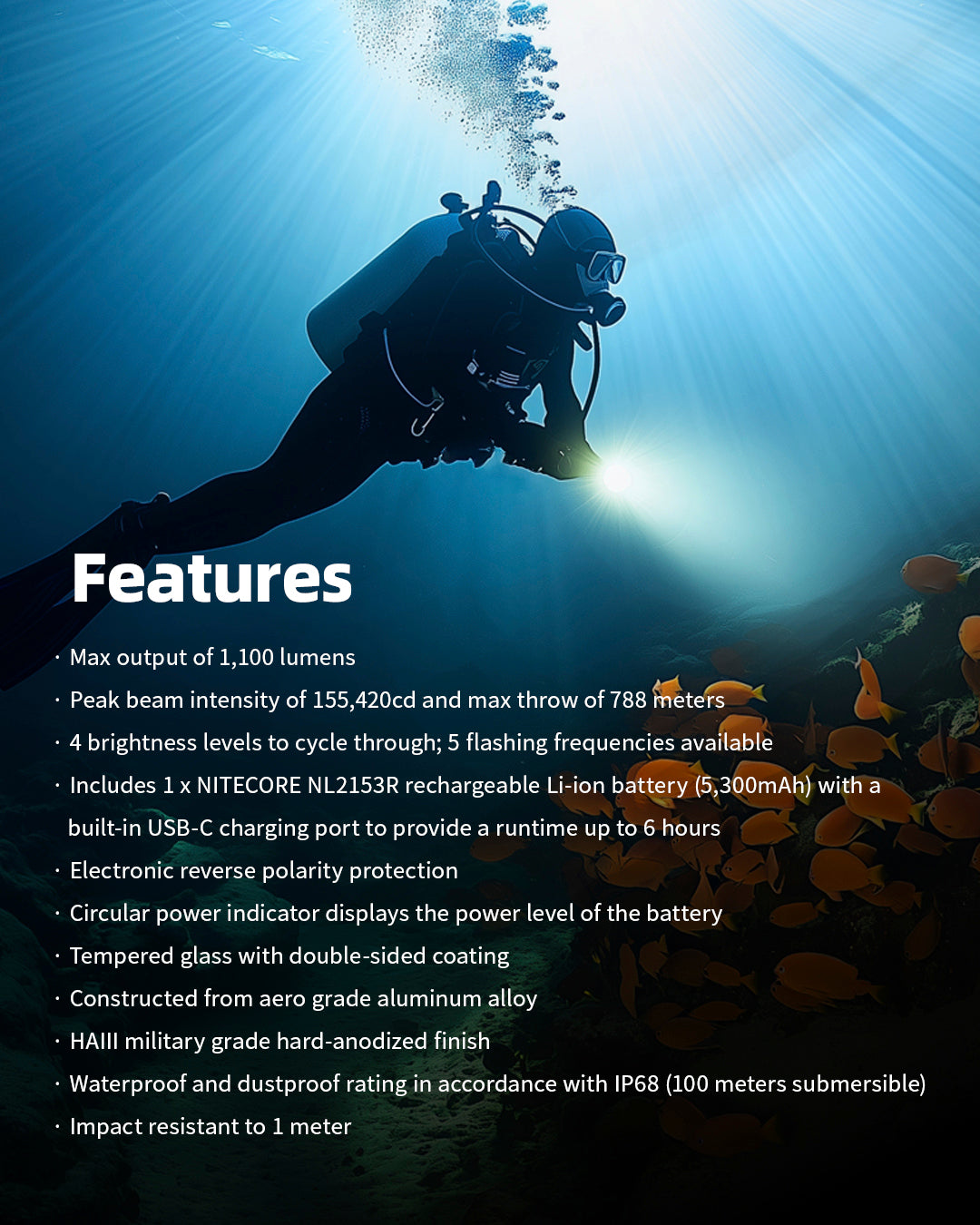 NITECORE DL30 Dive Flashlight 100 Meters Submersible 788m Long Range Spotlight