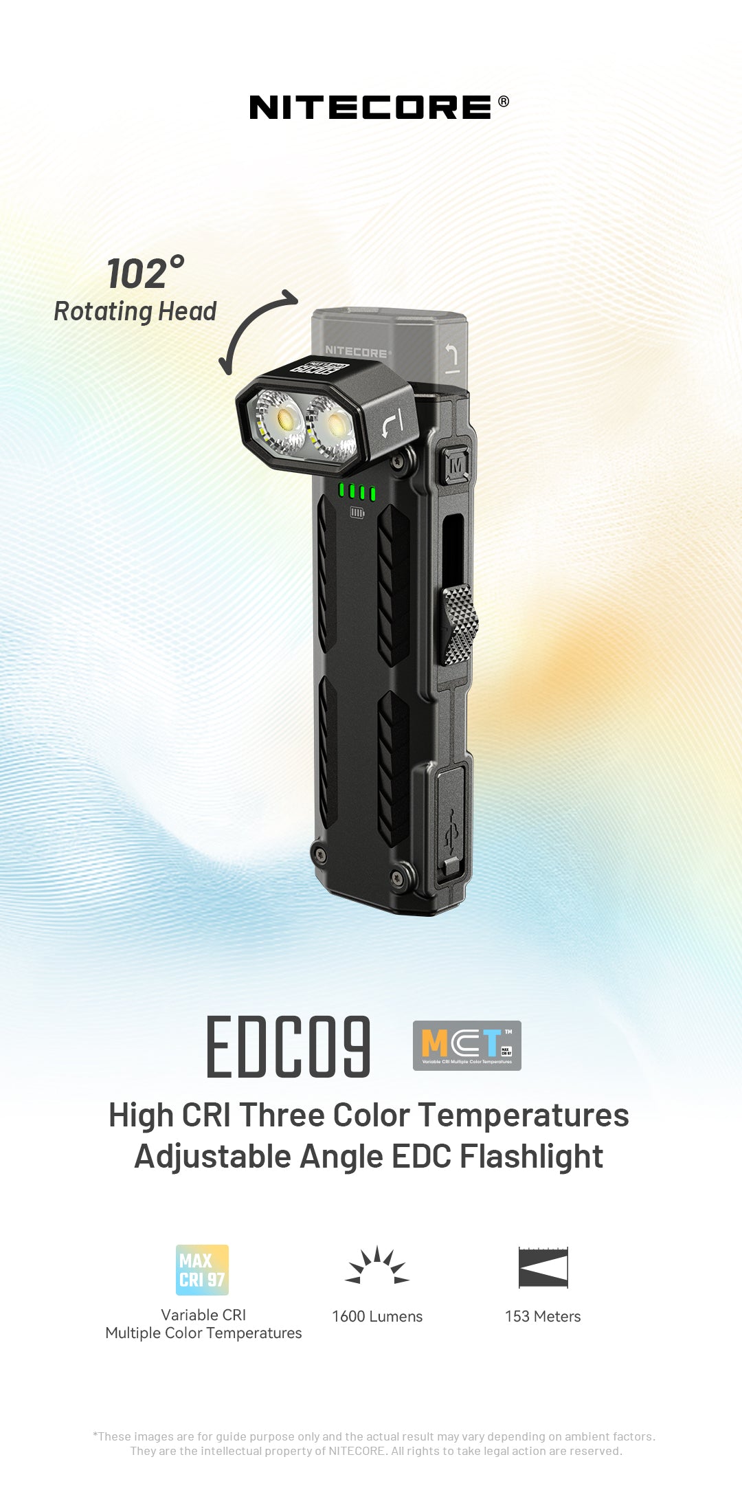 NTIECORE EDC09 High CRI Three Color Temperatures 102° Adjustable  EDC Flashlight